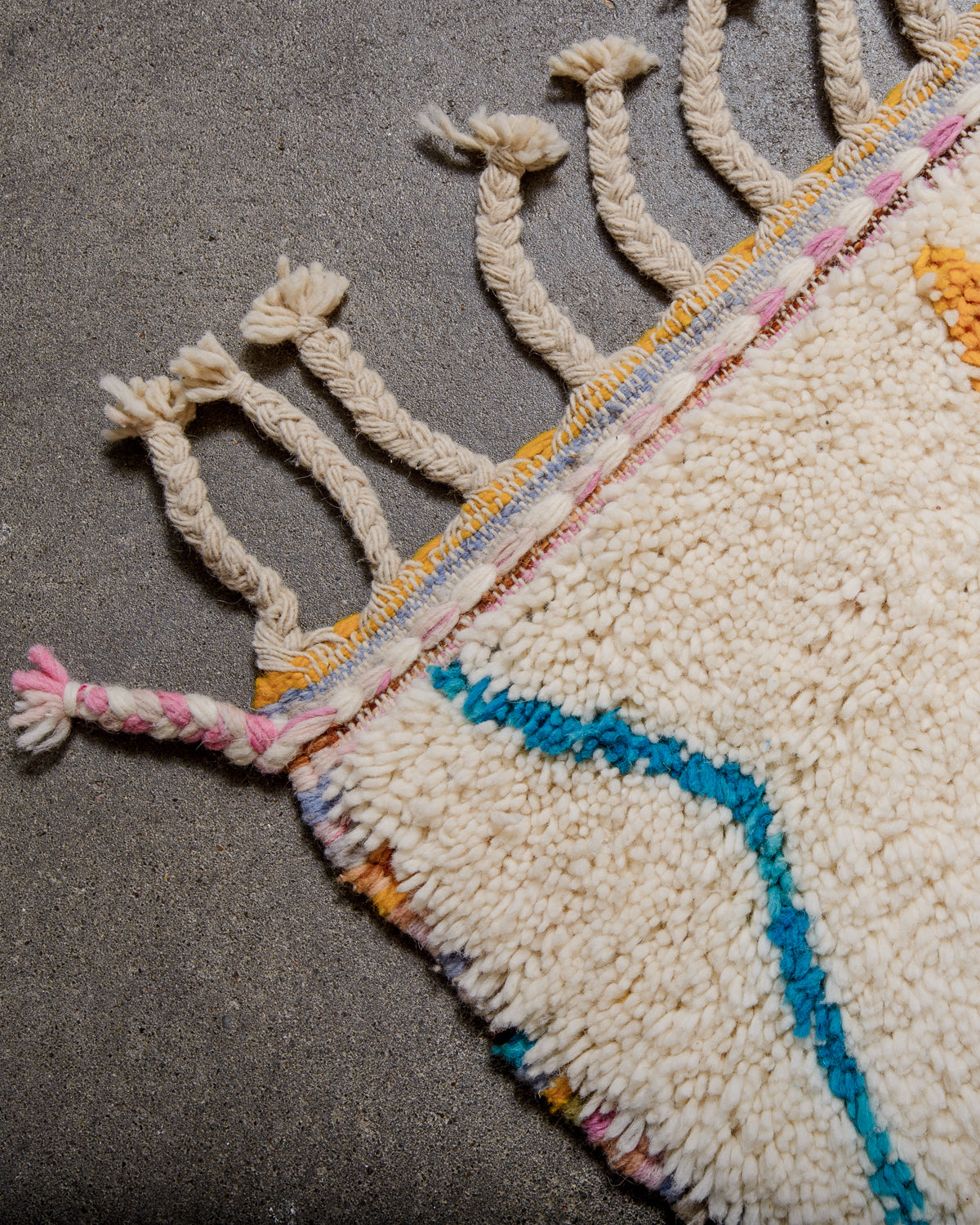 Modern, designer, handcrafted Berber rug from Morocco. Beniourain carpet with beautiful colours and patterns and fluffy wool texture.